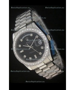 Rolex Day Date Just Japanese Replica Black Watch in Full Diamond Bezel
