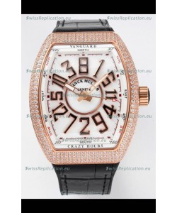 Franck Muller Vanguard Crazy Hours Rose Gold Diamonds - White Dial Swiss Replica Watch 