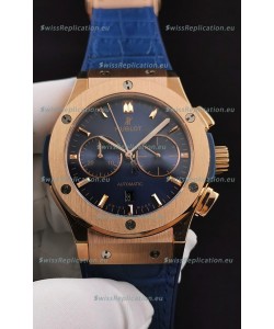Hublot Classic Fusion Chronograph Rose Gold Casing Blue Dial 1:1 Mirror Replica Watch 