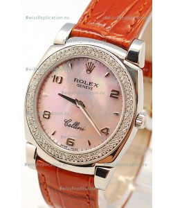 Rolex Cellini Cestello Ladies Swiss Watch in Pink Pearl Face Diamonds Bezel