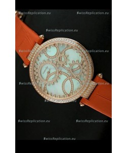 Cartier Replica Watch with Diamonds Embedded Dial Bezel in Gold Case/Orange Strap