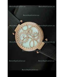 Cartier Replica Watch with Diamonds Embedded Dial Bezel in Gold Case/Black Strap