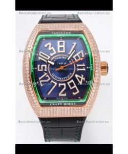 Franck Muller Vanguard Crazy Hours Rose Gold Diamonds - Steel Blue Dial Swiss Replica Watch 