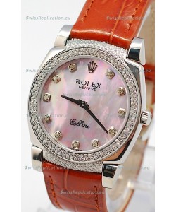 Rolex Cellini Cestello Ladies Swiss Watch in Pink Pearl Face Diamonds Hour, Bezel and Lugs