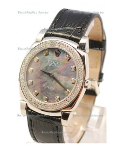 Rolex Cellini Cestello Ladies Swiss Watch in Black Pearl Face Diamonds Markers