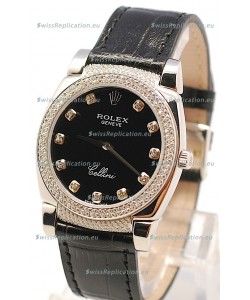 Rolex Cellini Cestello Ladies Swiss Watch in Matte Black Face Diamond Markers